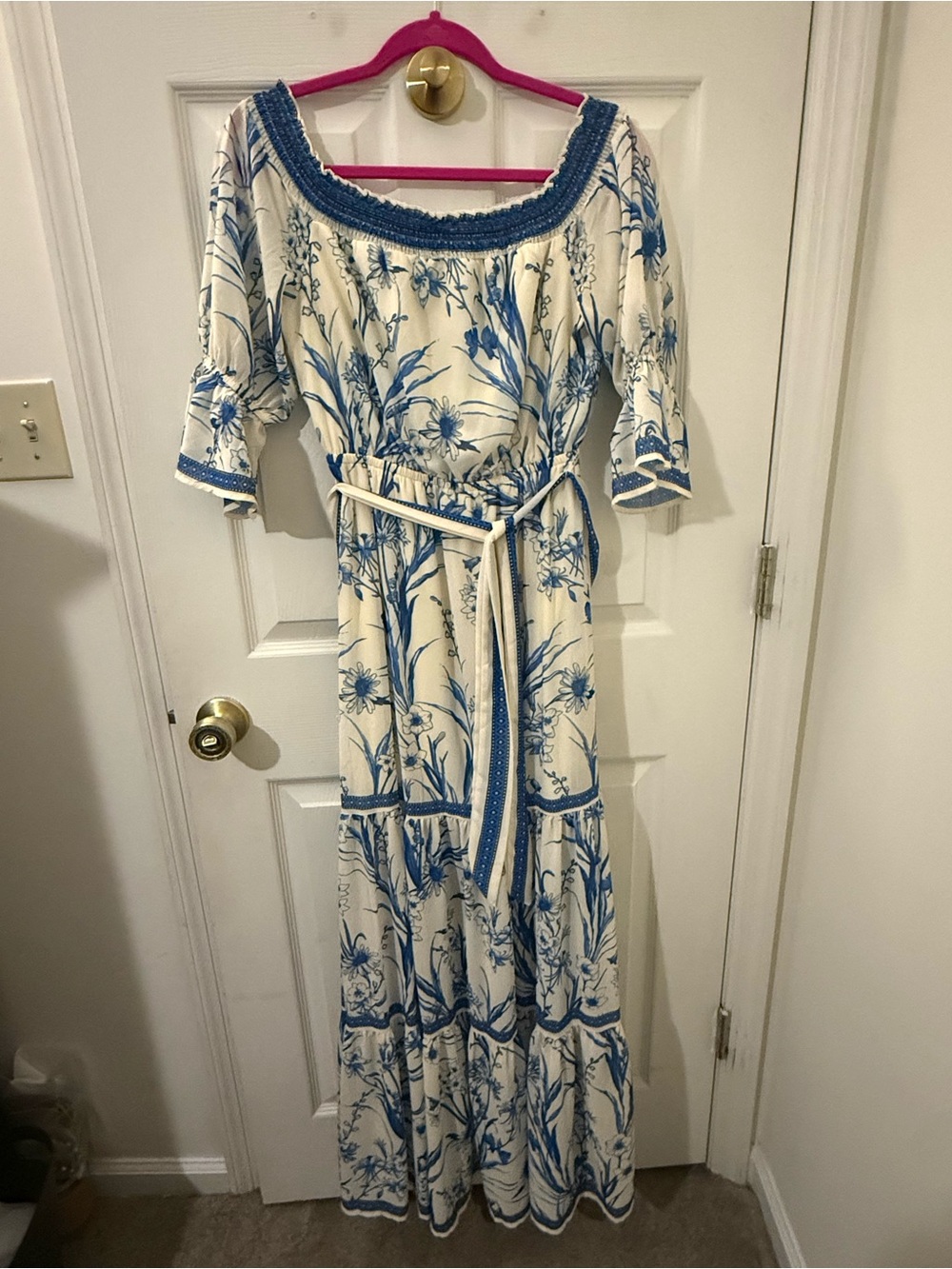 Cream and Blue Floral Maxi Dress with Smocked Neckline